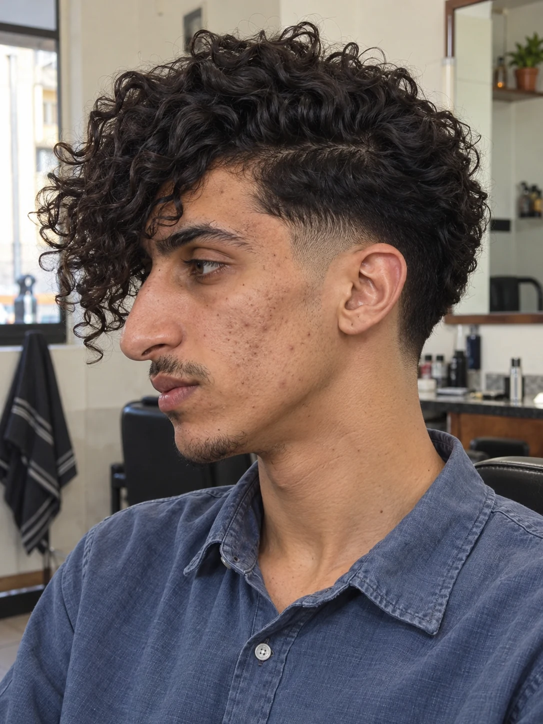 AI haircut concept: mid taper with side-falling curls, left-side angled view.