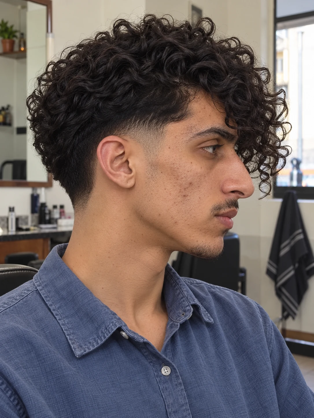 AI haircut concept: mid taper with side-falling curls, opposite-side view.