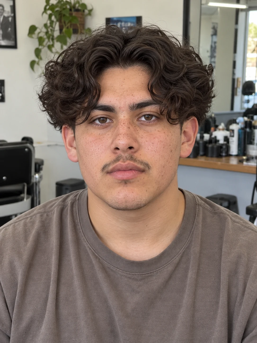 AI haircut concept: low taper with curly curtains, front view.