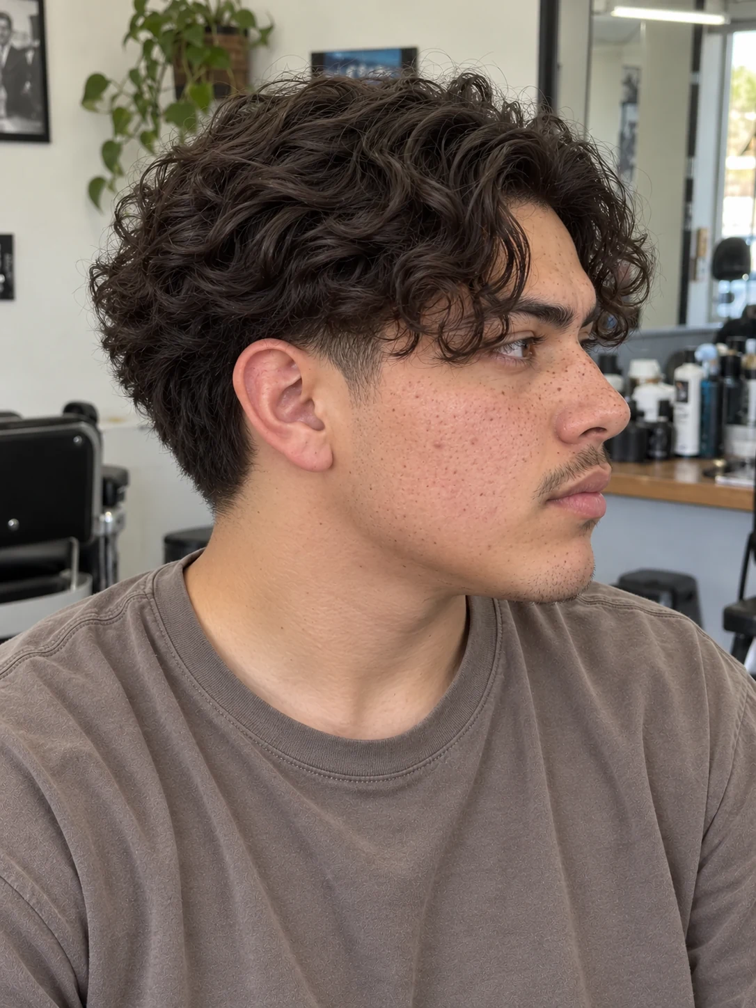 AI haircut concept: low taper with curly curtains, opposite-side view.