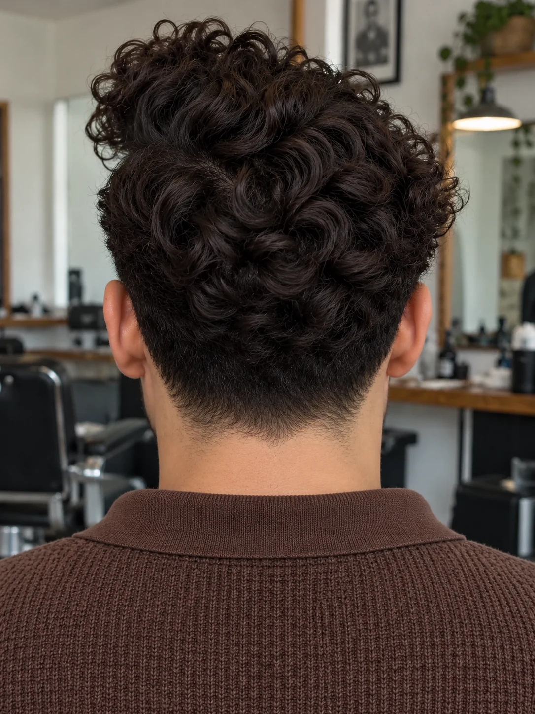 AI haircut concept: low taper with a side-parted curly quiff, rear view.
