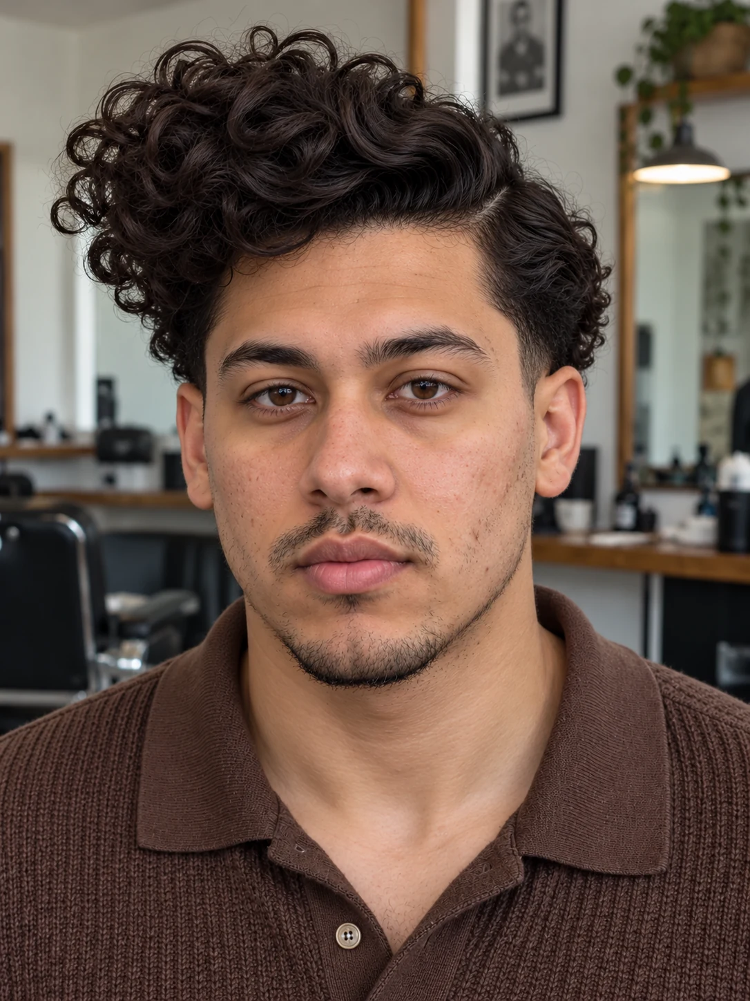 AI haircut concept: low taper with a side-parted curly quiff, front view.