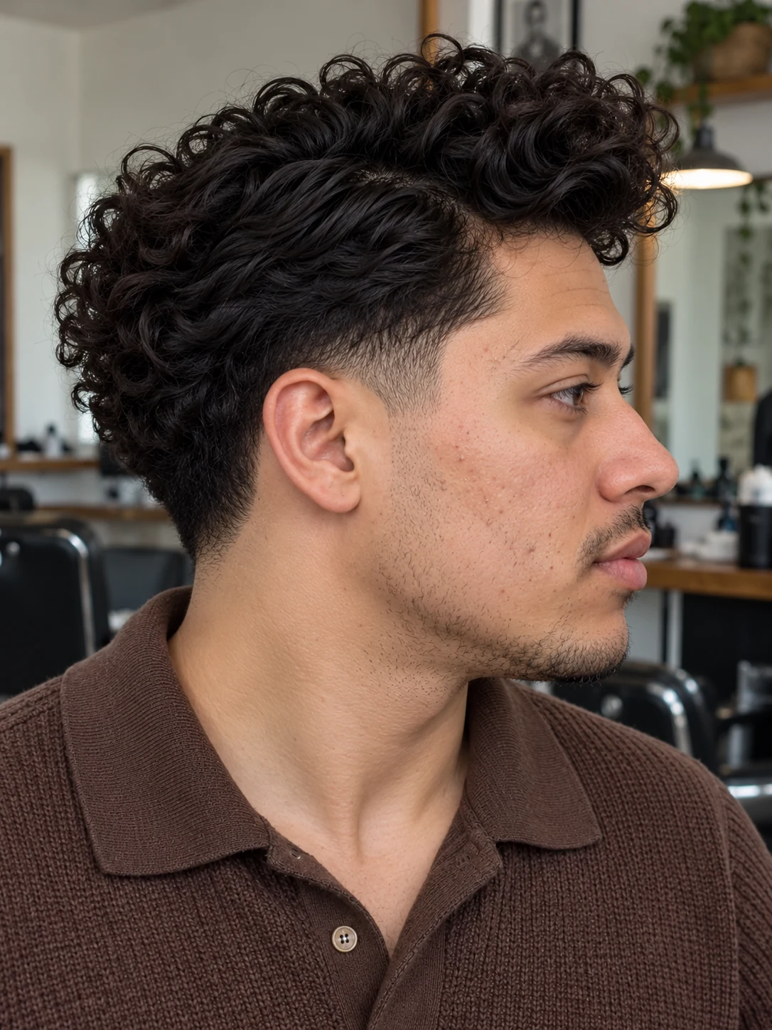 AI haircut concept: low taper with a side-parted curly quiff, opposite-side view.