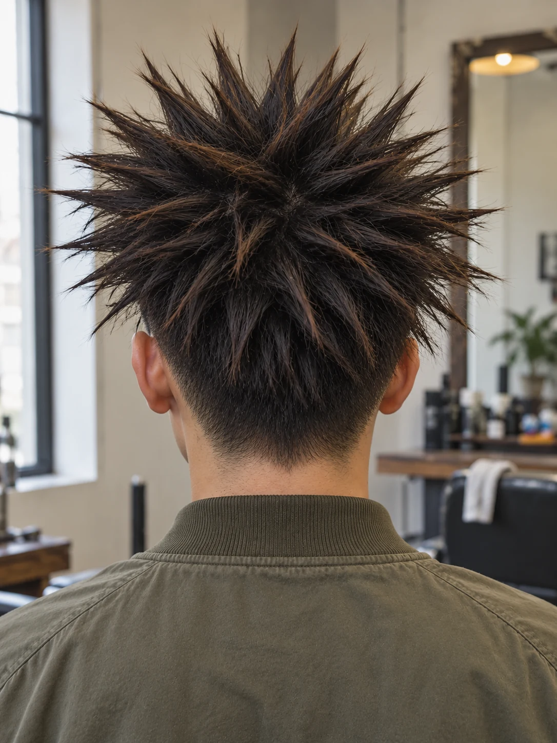 AI haircut concept: high taper with long radial spikes, rear view.