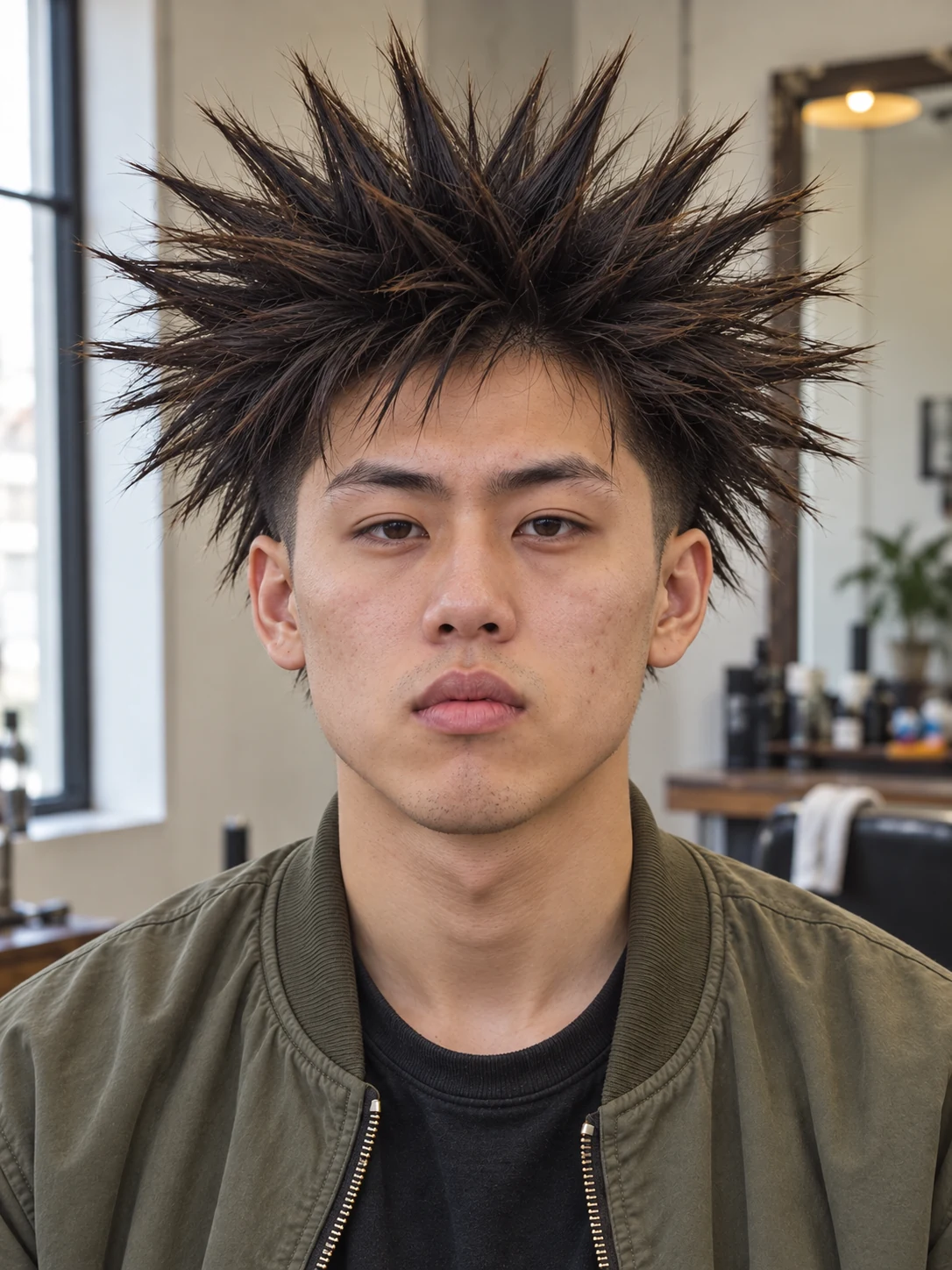 AI haircut concept: high taper with long radial spikes, front view.