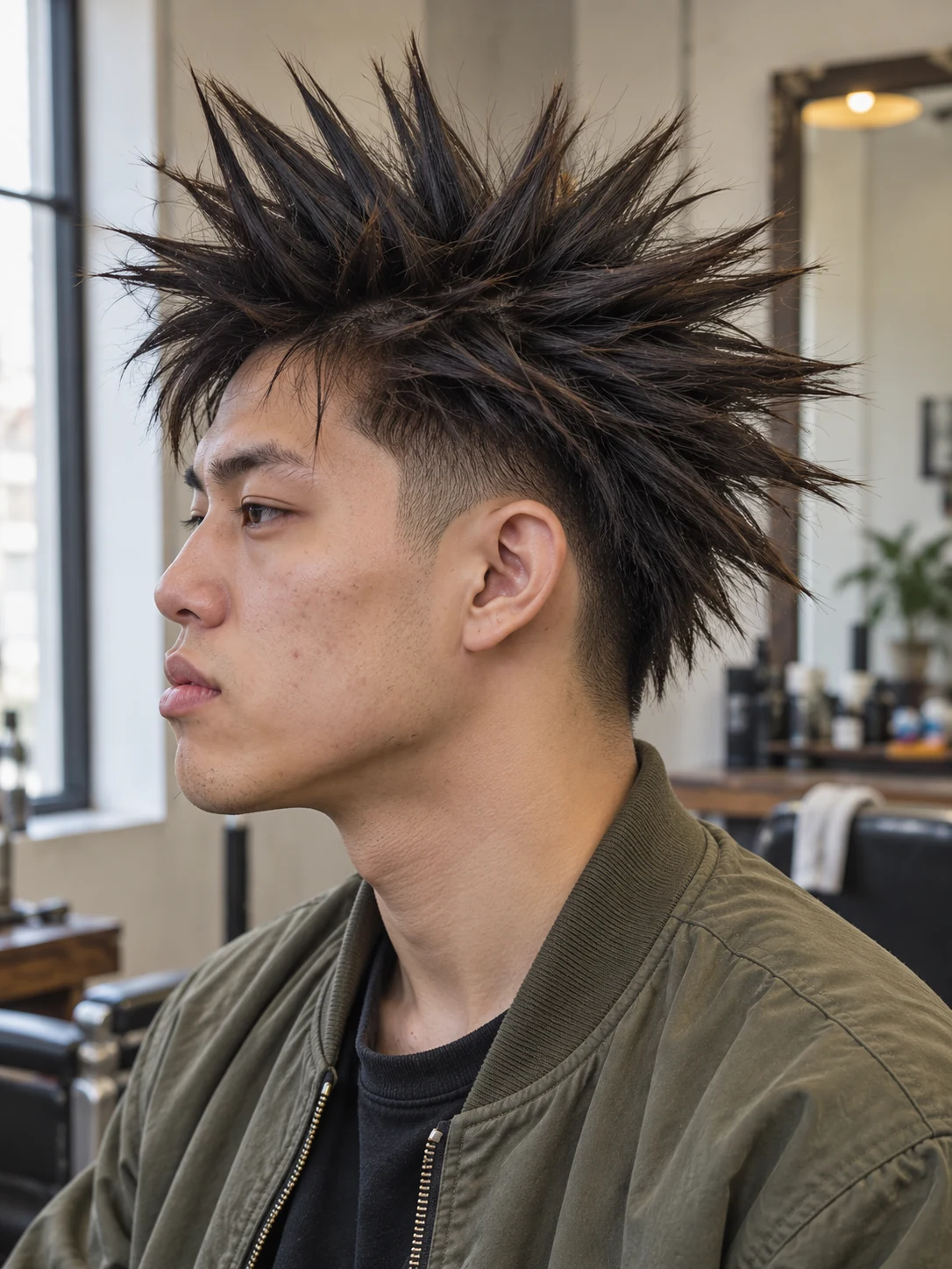 AI haircut concept: high taper with long radial spikes, left-side angled view.