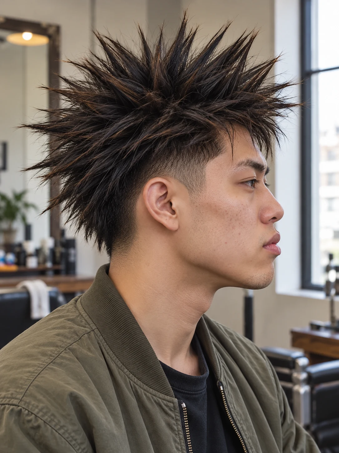 AI haircut concept: high taper with long radial spikes, opposite-side view.
