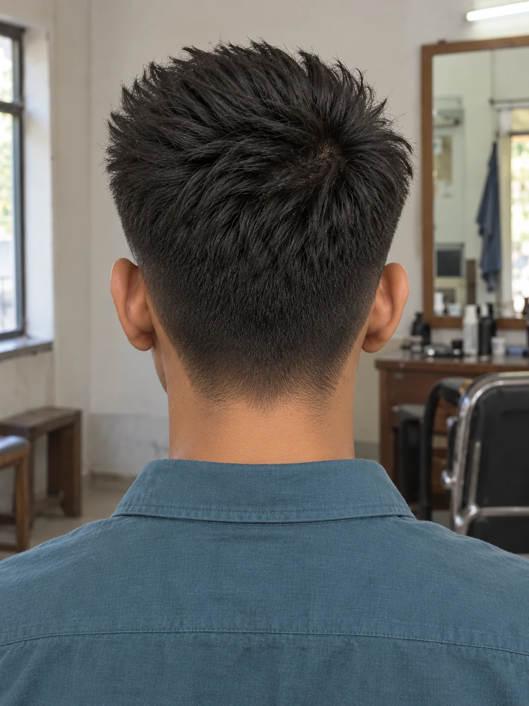 AI haircut concept: mid taper with an angular brush-up, rear view.