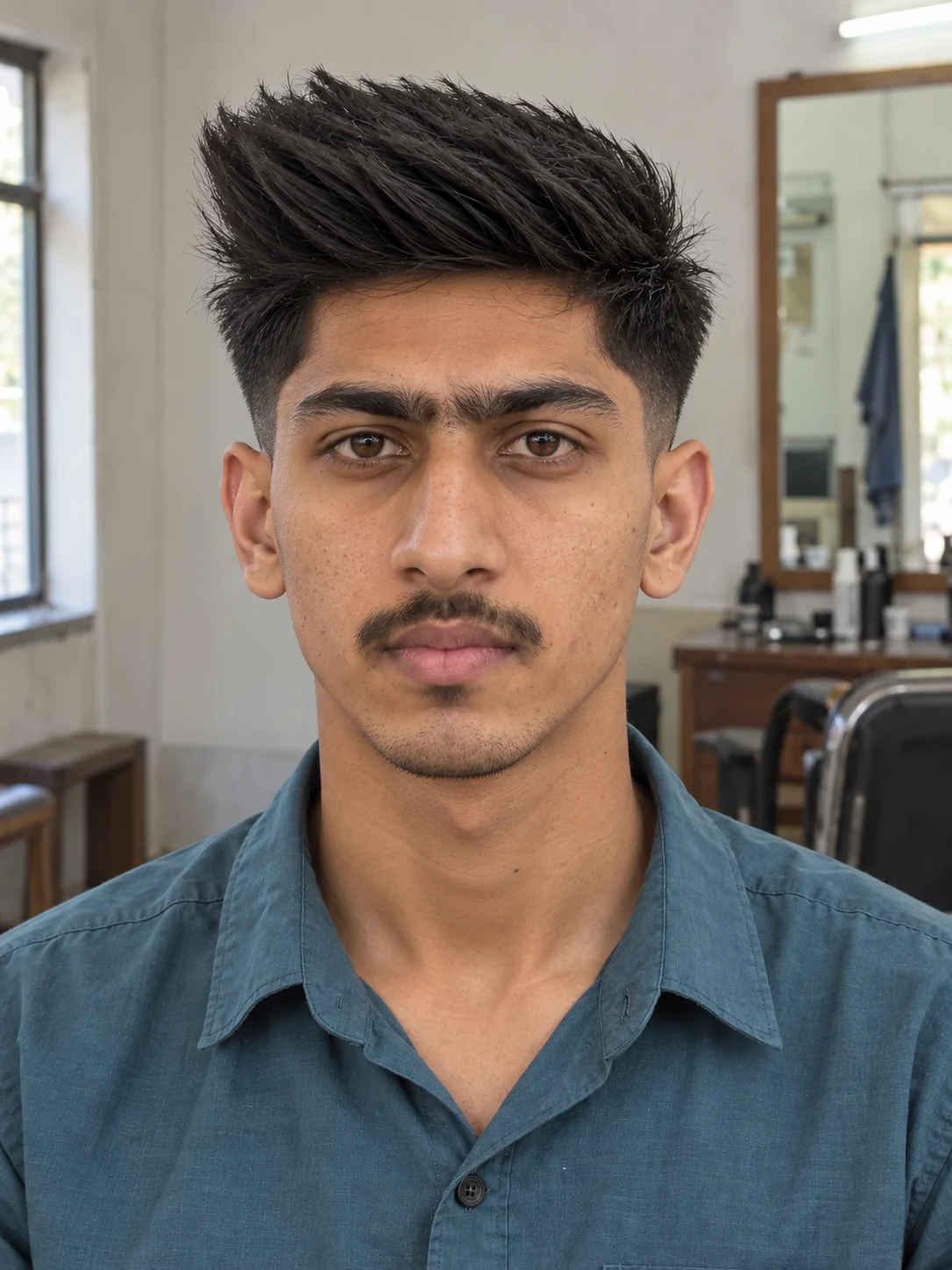 AI haircut concept: mid taper with an angular brush-up, front view.