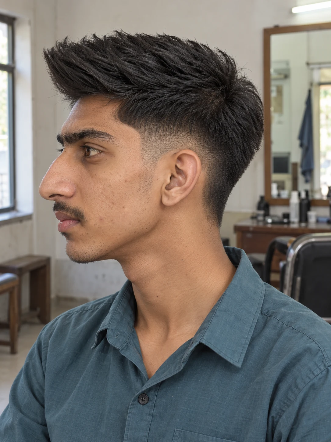 AI haircut concept: mid taper with an angular brush-up, left-side angled view.