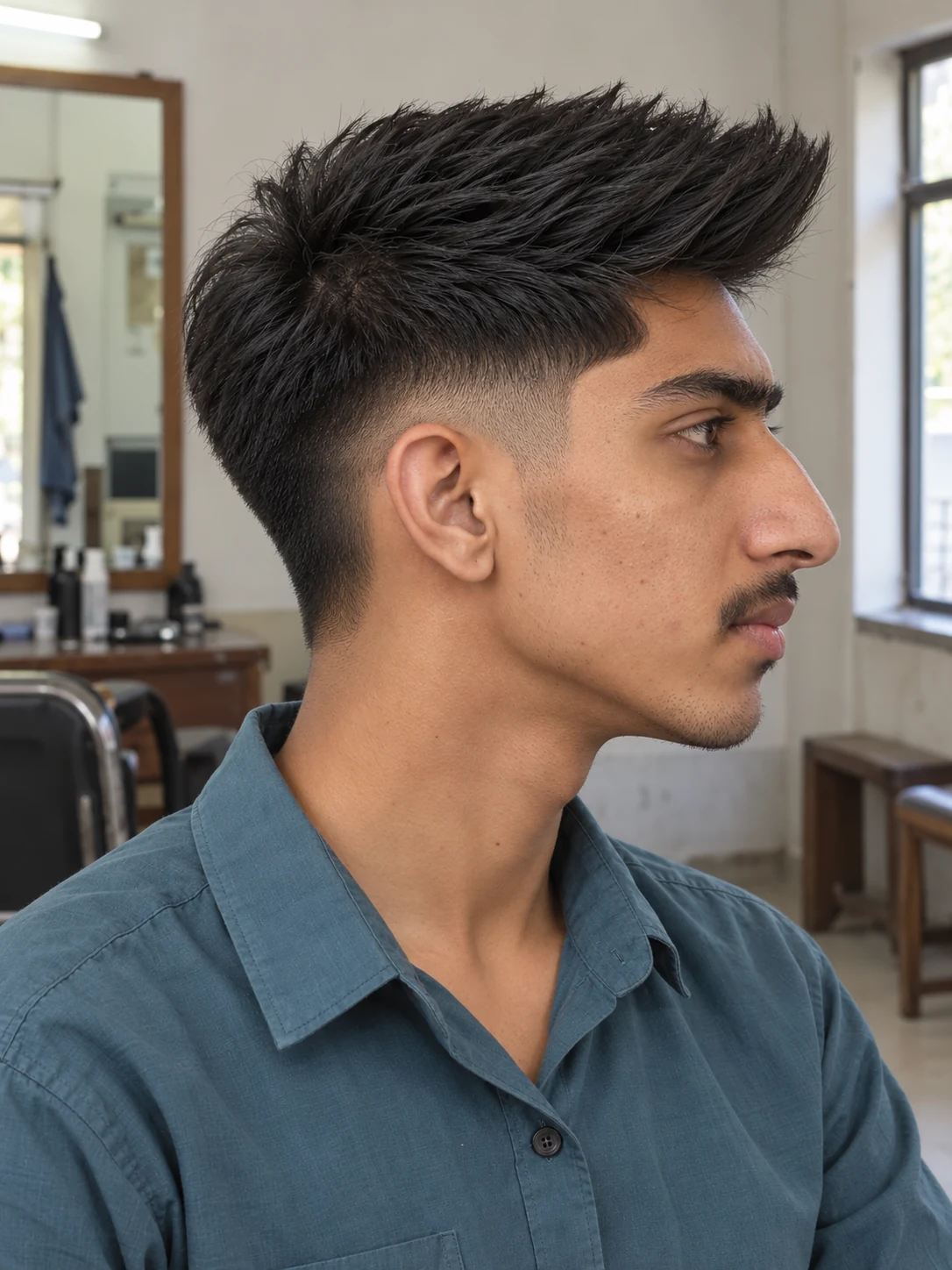 AI haircut concept: mid taper with an angular brush-up, opposite-side view.