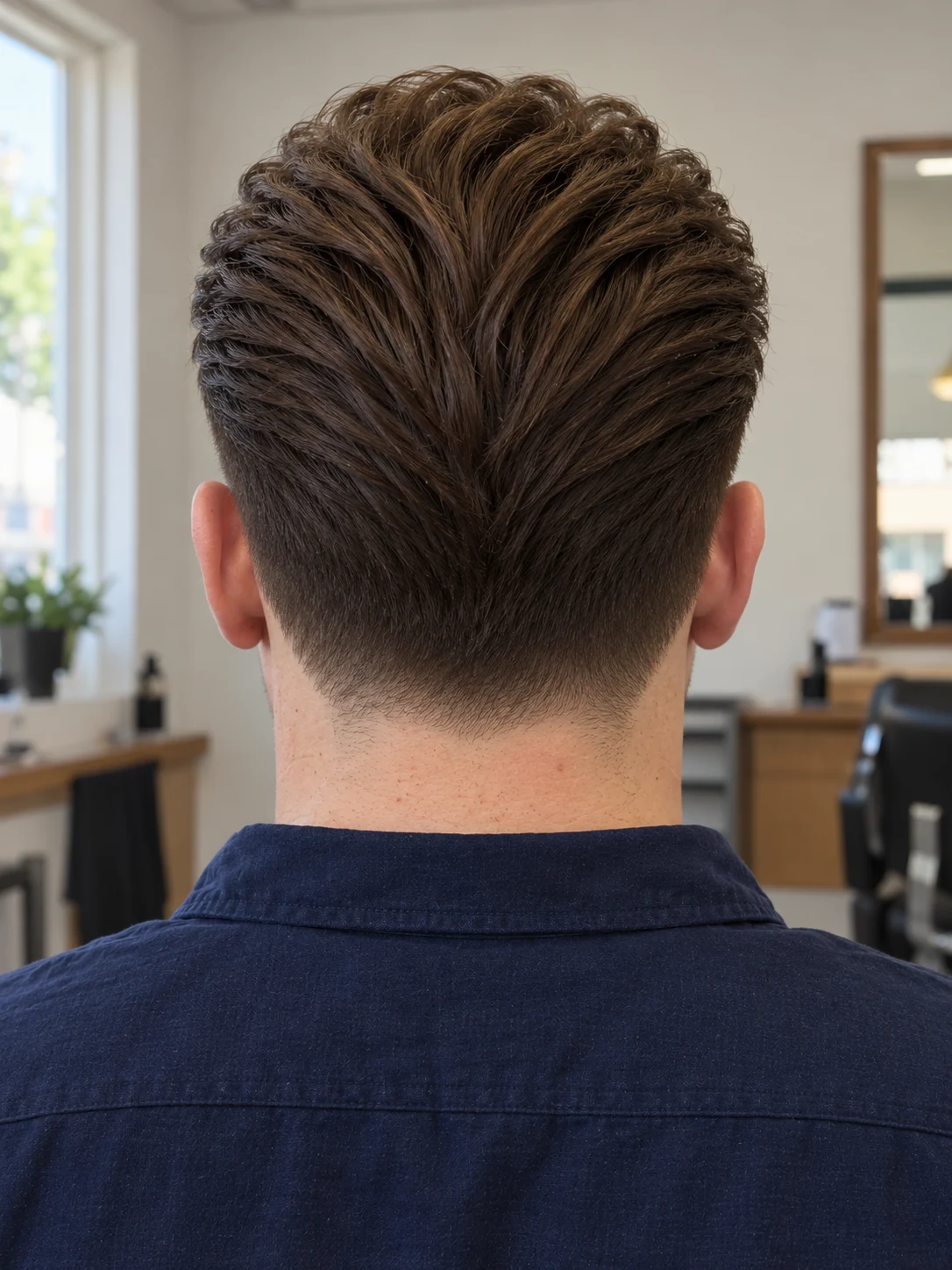 AI haircut concept: low taper with a tall straight pompadour, rear view.