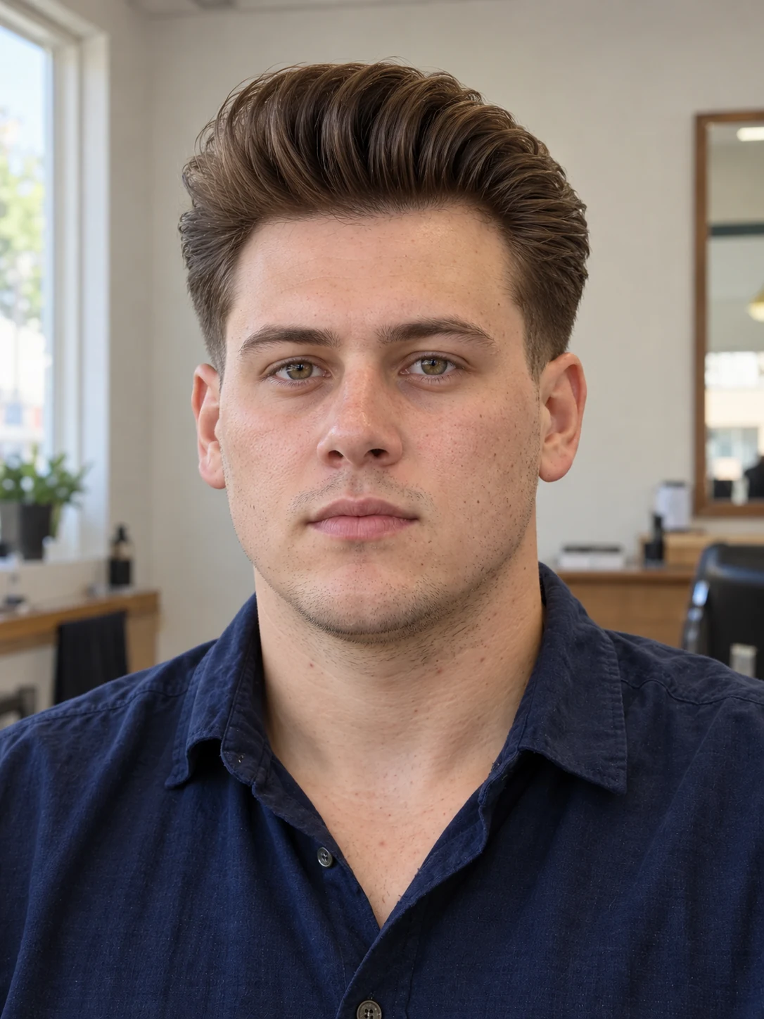 AI haircut concept: low taper with a tall straight pompadour, front view.