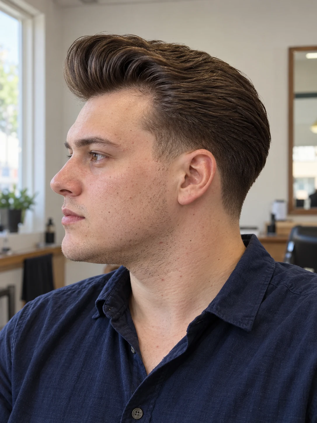 AI haircut concept: low taper with a tall straight pompadour, left-side angled view.