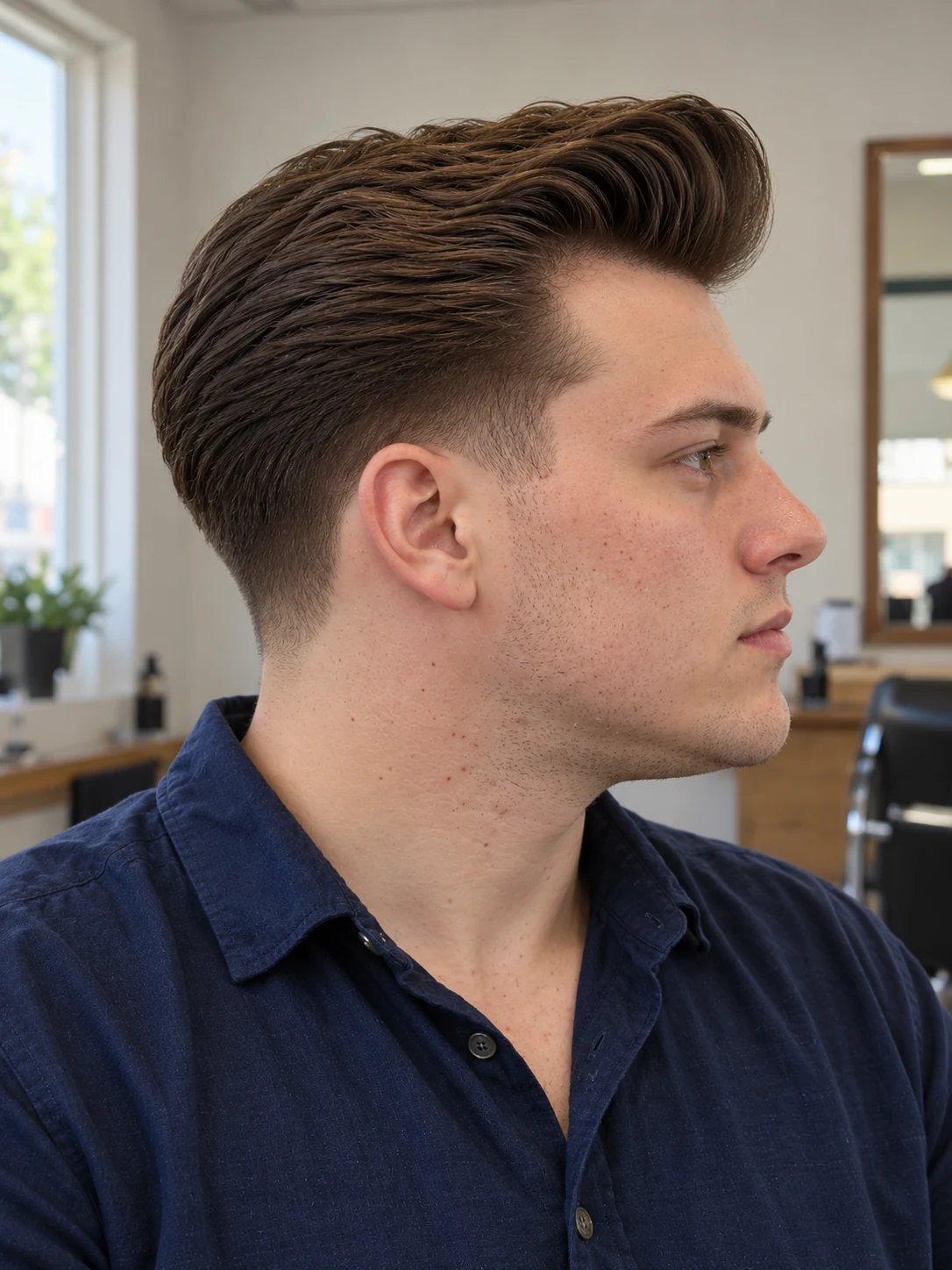 AI haircut concept: low taper with a tall straight pompadour, opposite-side view.