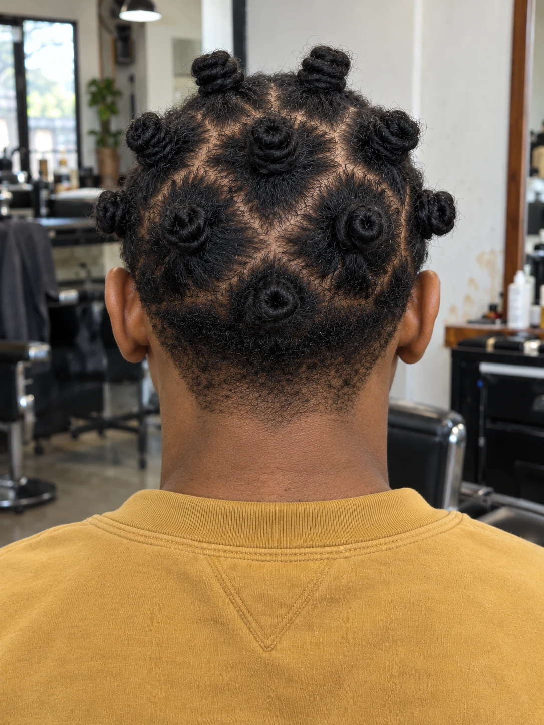 AI haircut concept: low taper with small bantu knots, rear view.