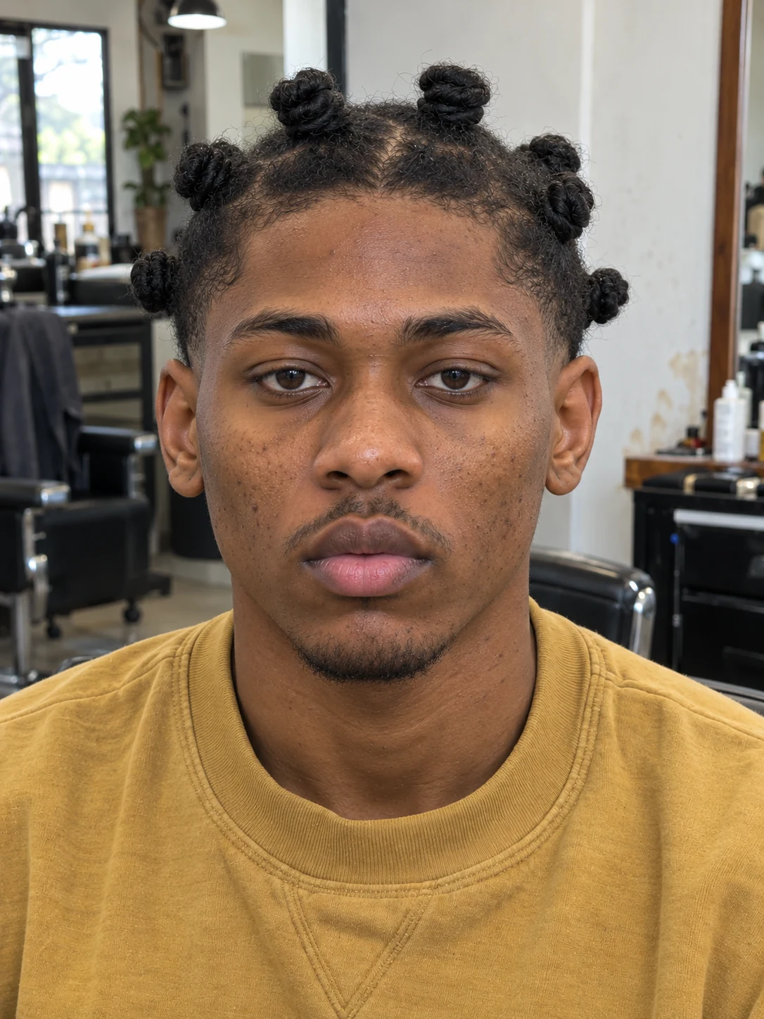 AI haircut concept: low taper with small bantu knots, front view.