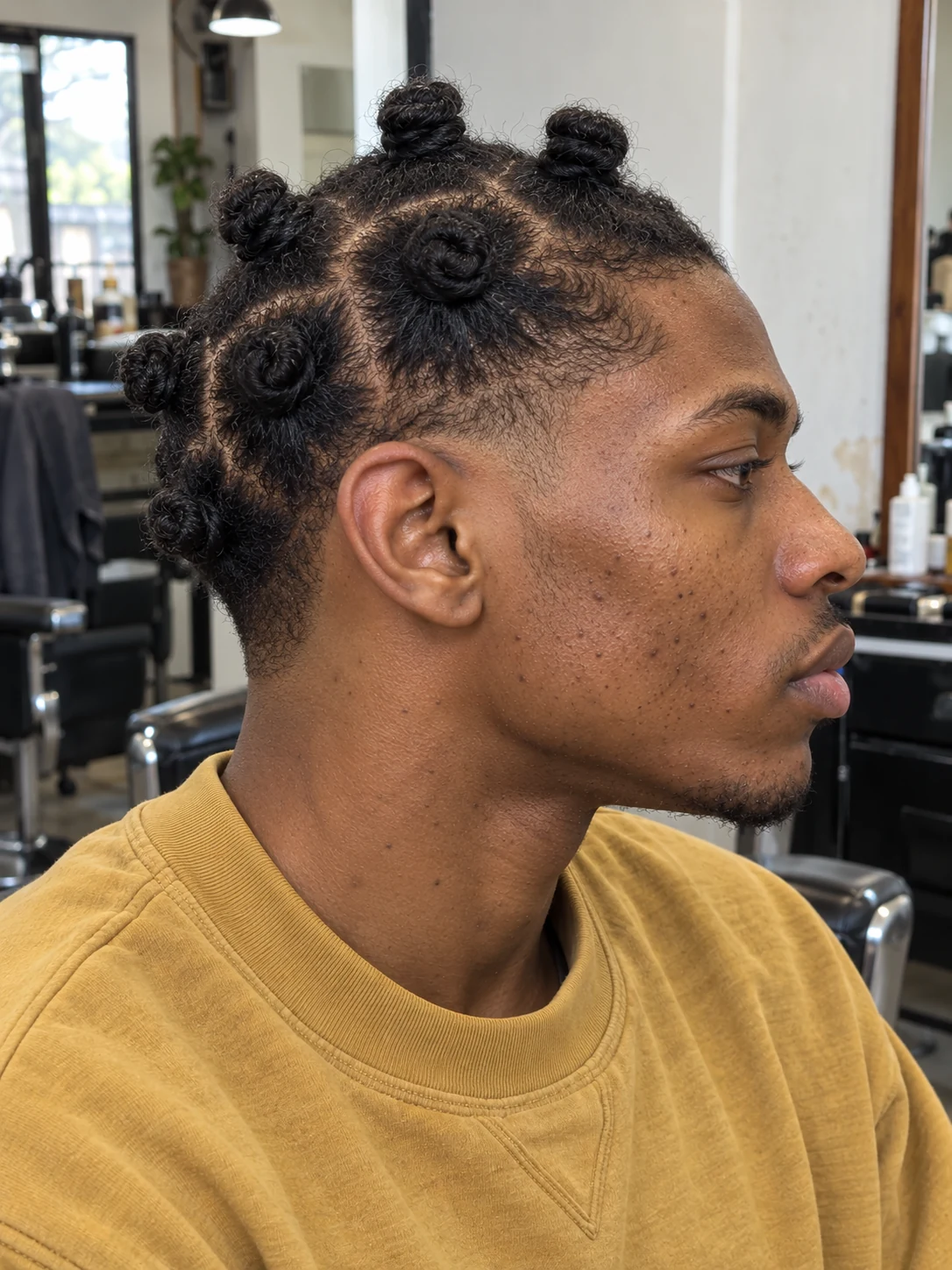 AI haircut concept: low taper with small bantu knots, opposite-side view.