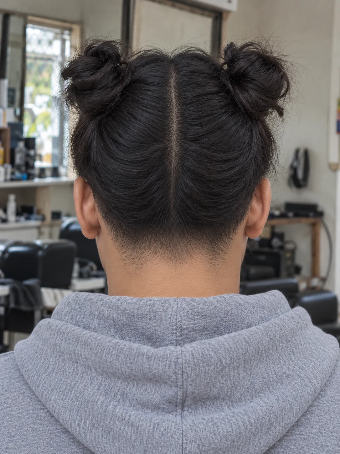 AI haircut concept: low taper with two small buns, rear view.
