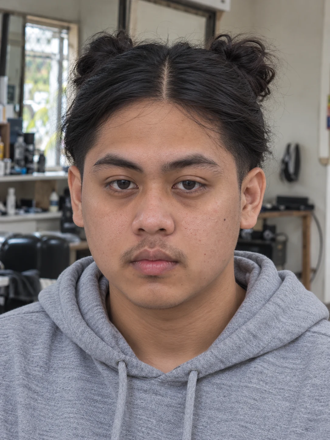AI haircut concept: low taper with two small buns, front view.
