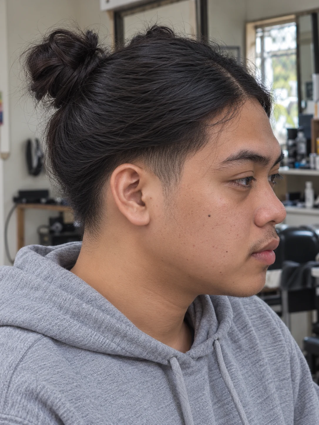 AI haircut concept: low taper with two small buns, opposite-side view.