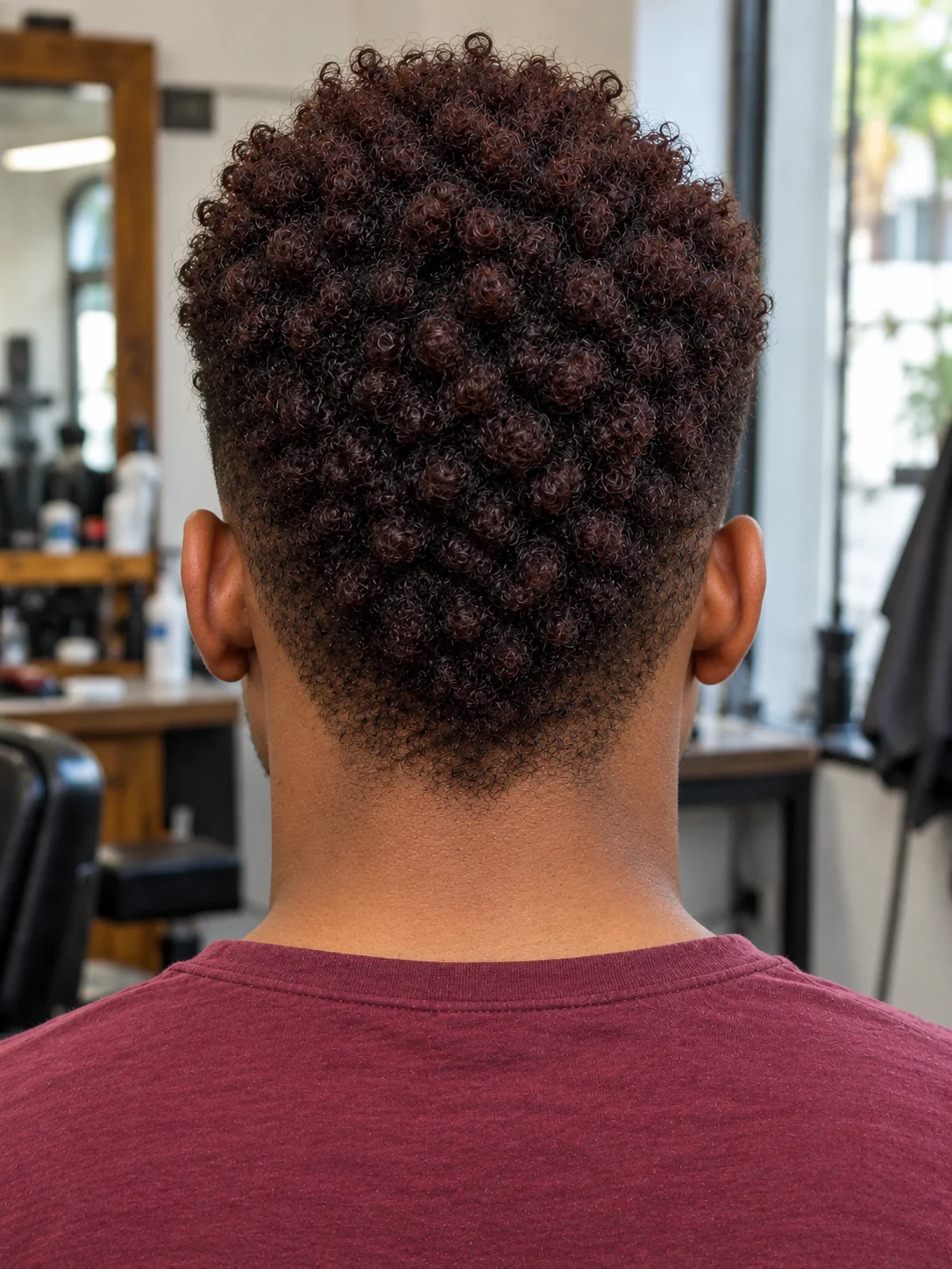 AI haircut concept: mid taper with a soft coily fauxhawk, rear view.