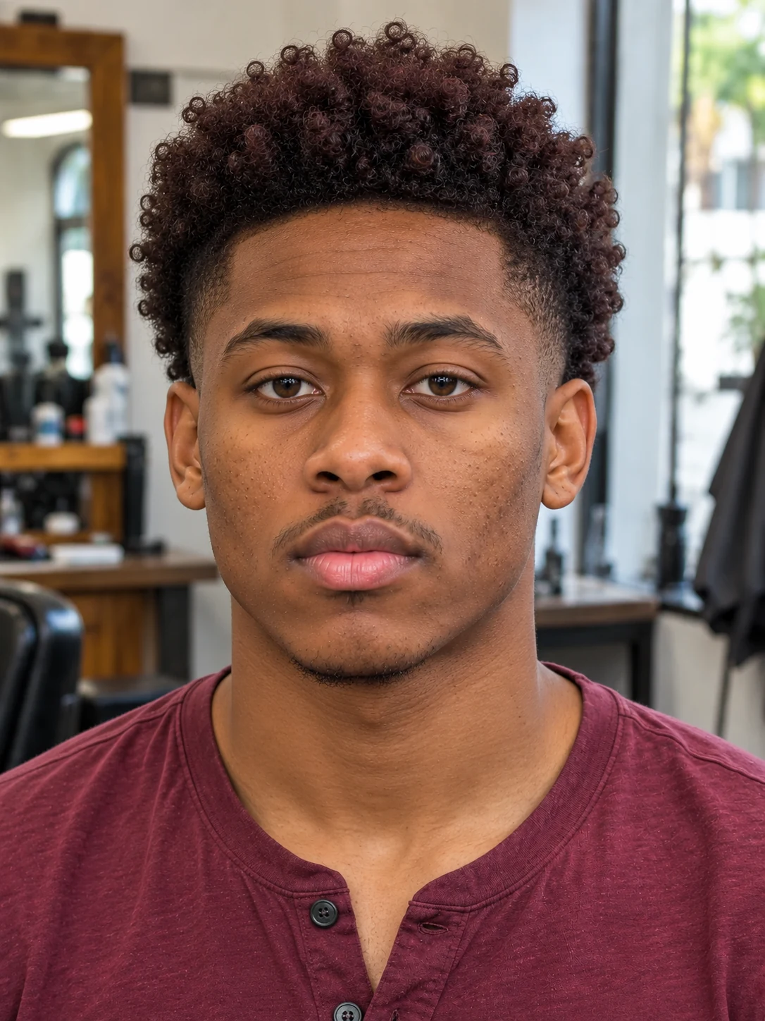 AI haircut concept: mid taper with a soft coily fauxhawk, front view.