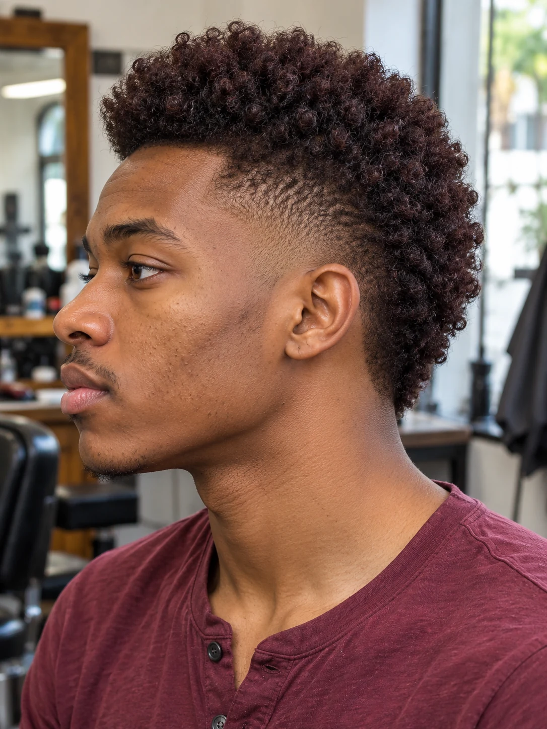 AI haircut concept: mid taper with a soft coily fauxhawk, left-side angled view.
