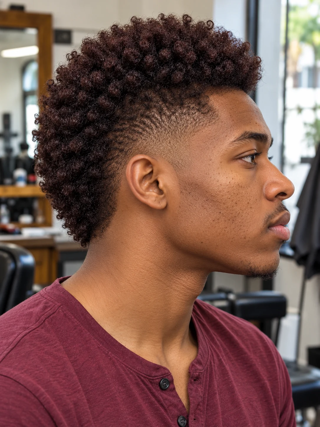 AI haircut concept: mid taper with a soft coily fauxhawk, opposite-side view.