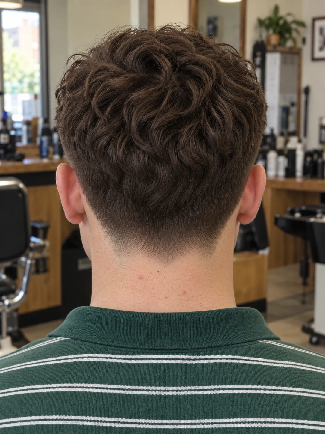 AI haircut concept: high taper with a wavy micro fringe, rear view.