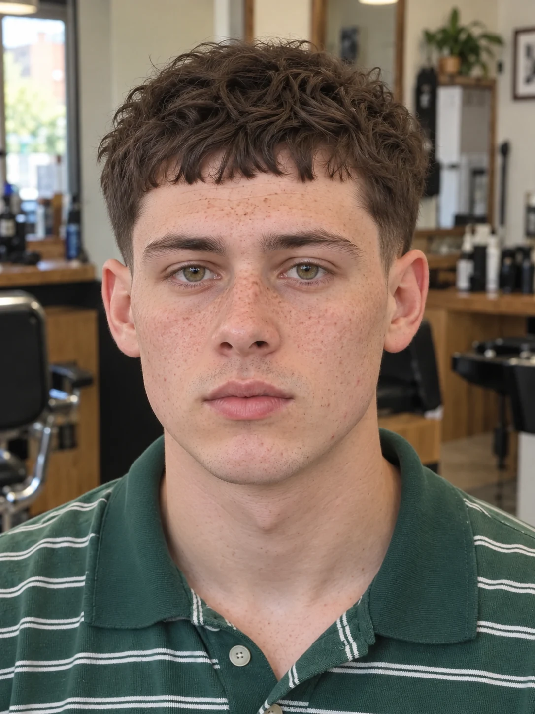 AI haircut concept: high taper with a wavy micro fringe, front view.