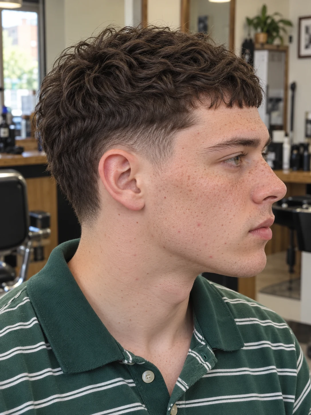 AI haircut concept: high taper with a wavy micro fringe, opposite-side view.