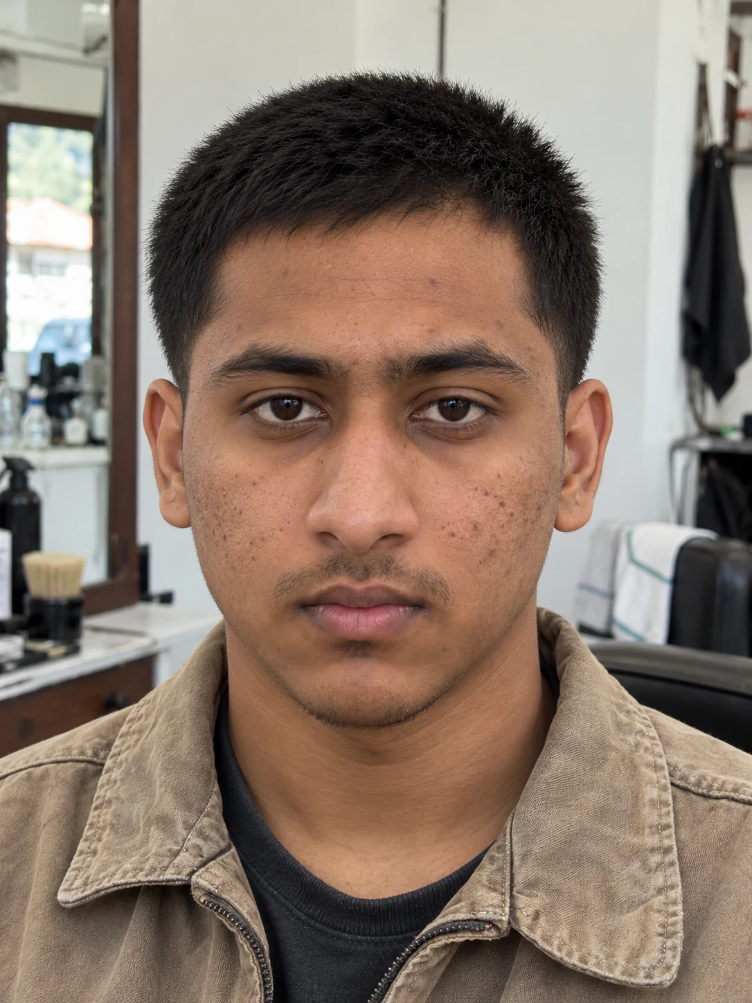 AI haircut concept: low taper with a compact butch cut, front view.