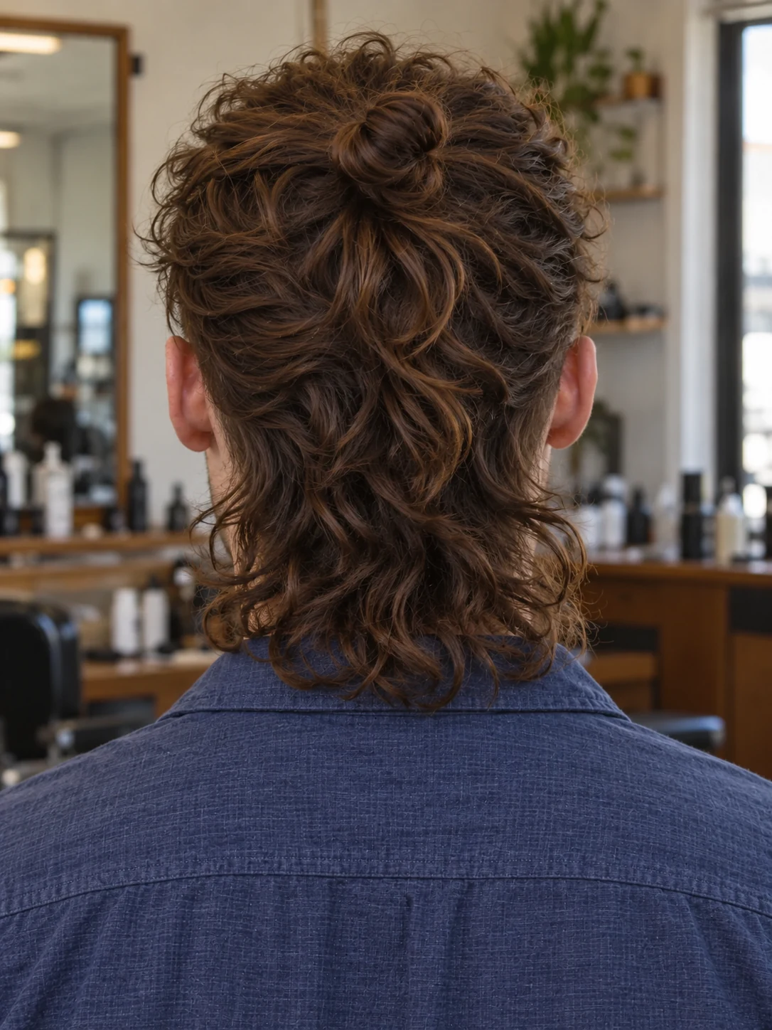 AI haircut concept: low taper with a half-up tied mullet, rear view.