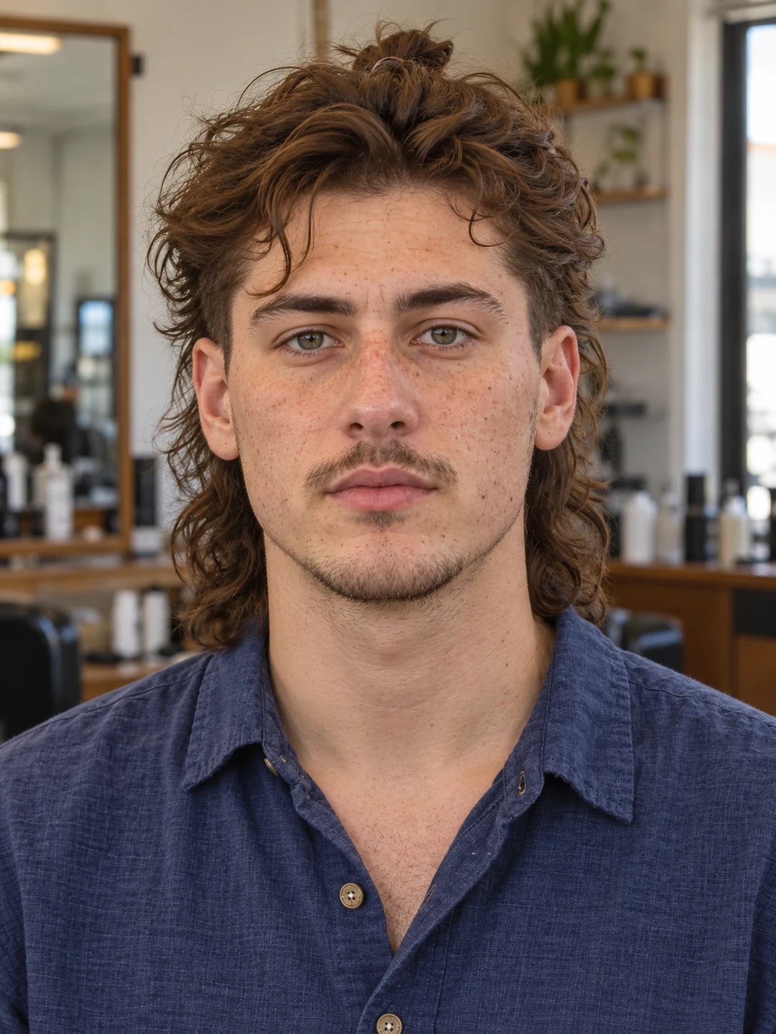 AI haircut concept: low taper with a half-up tied mullet, front view.