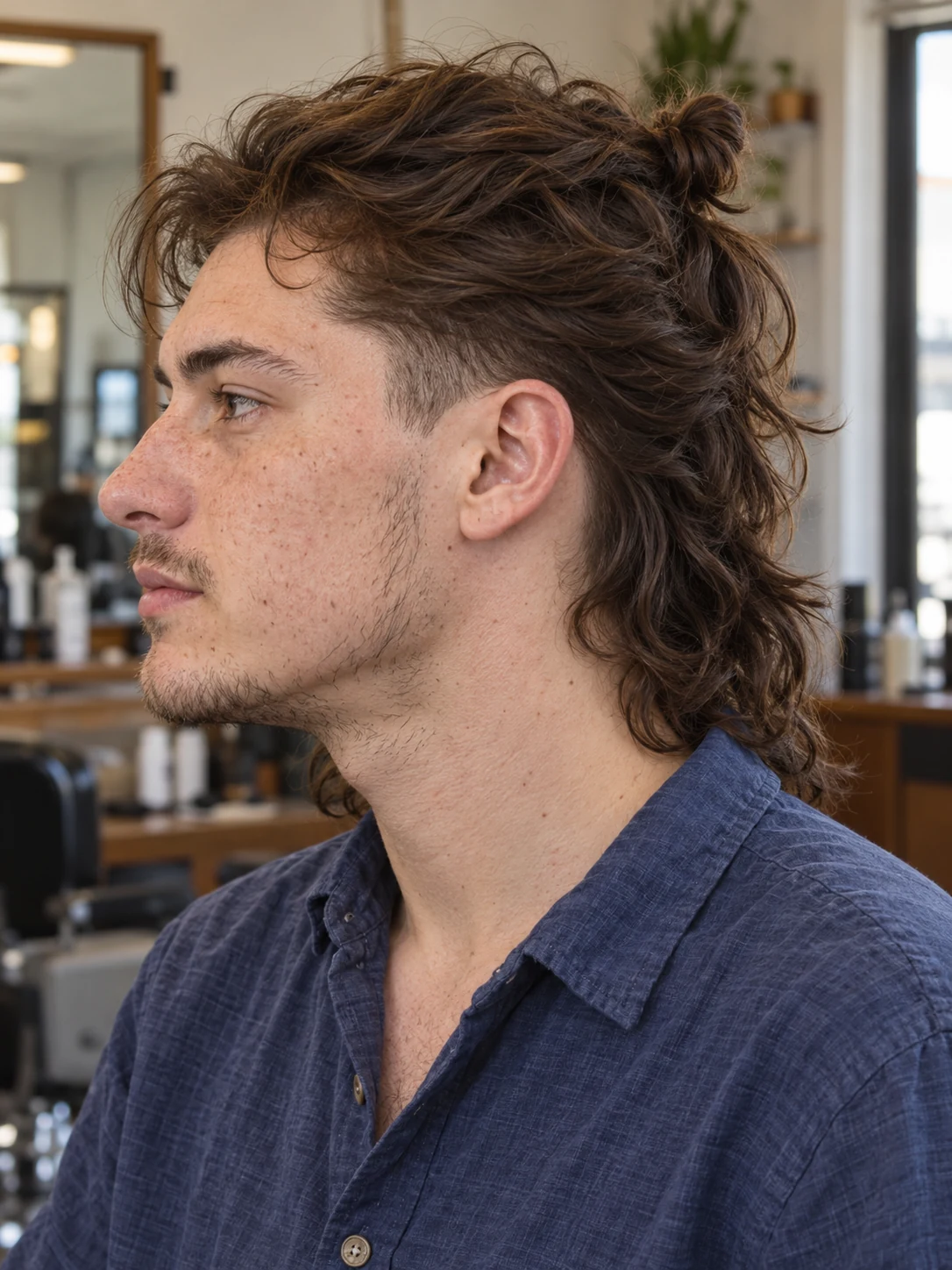 AI haircut concept: low taper with a half-up tied mullet, left-side angled view.