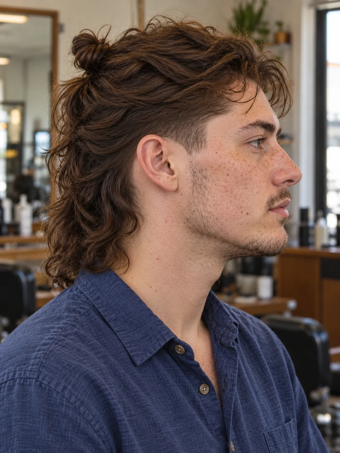 AI haircut concept: low taper with a half-up tied mullet, opposite-side view.