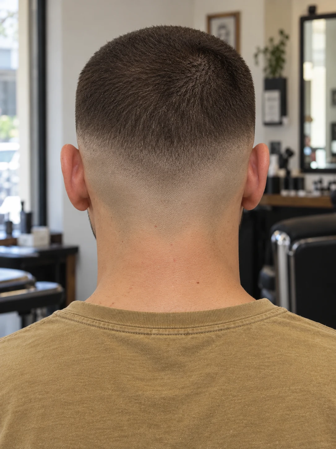AI haircut concept: low skin fade with a tight buzz cut, rear view.