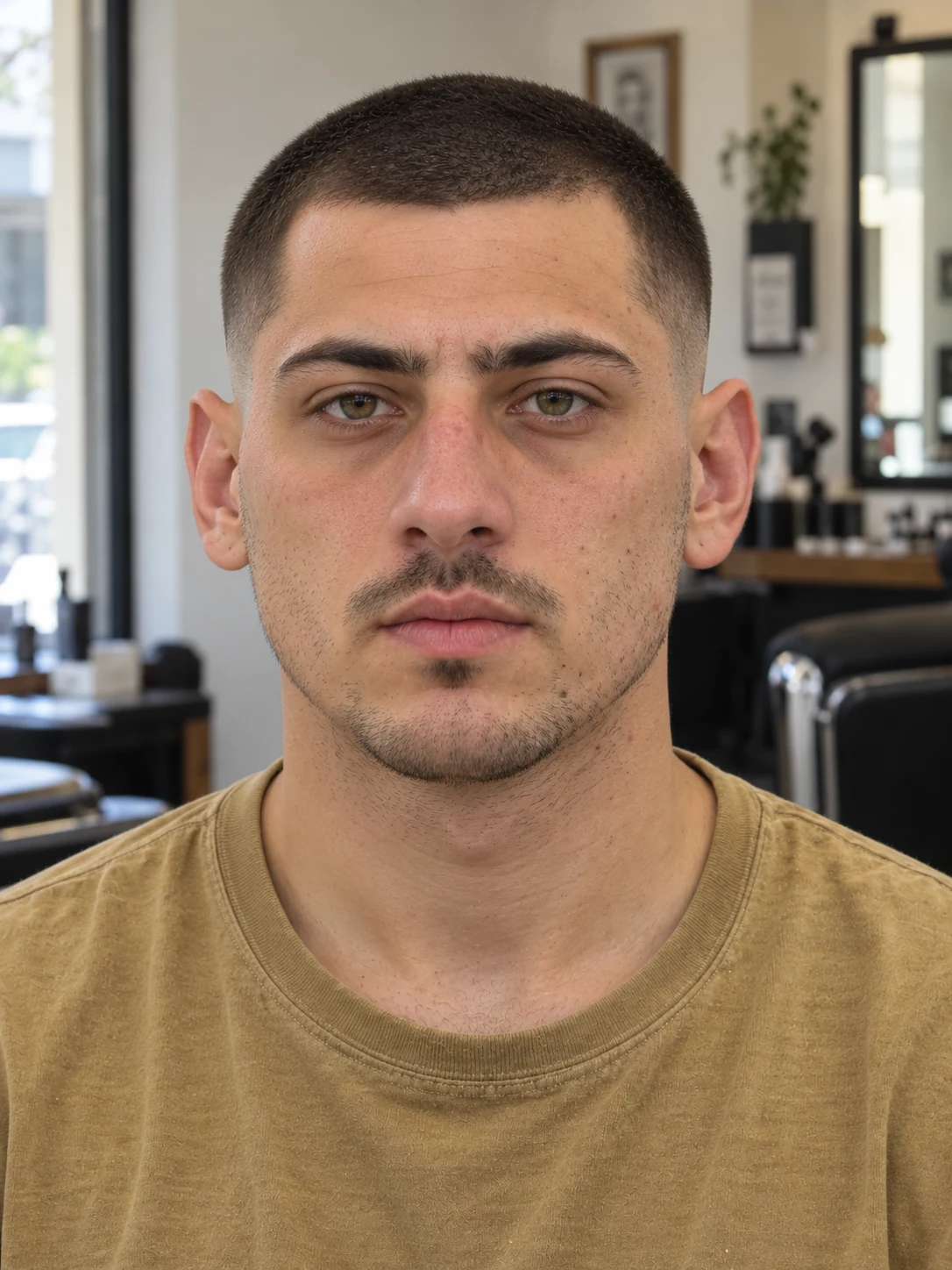 AI haircut concept: low skin fade with a tight buzz cut, front view.