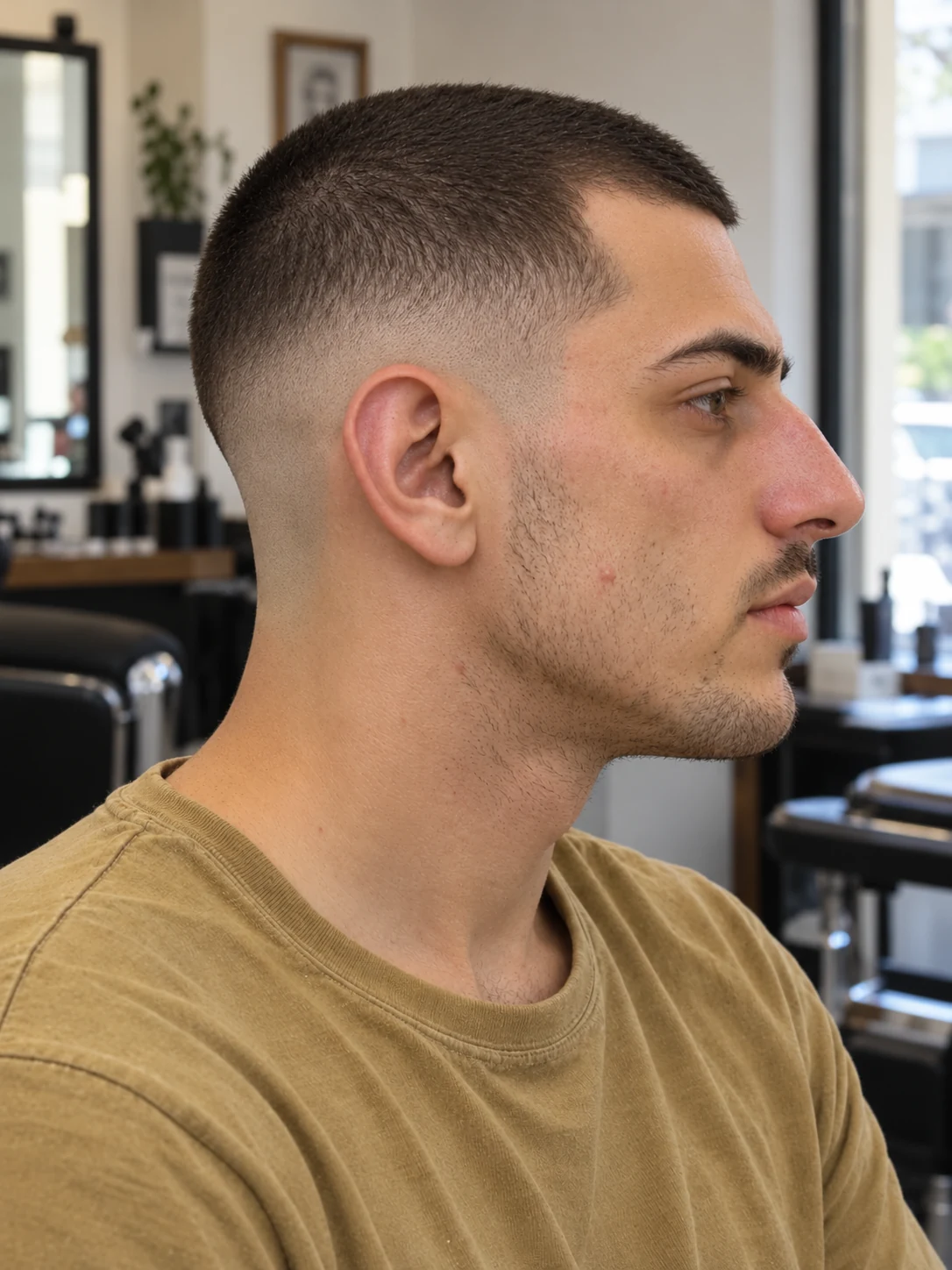AI haircut concept: low skin fade with a tight buzz cut, opposite-side view.