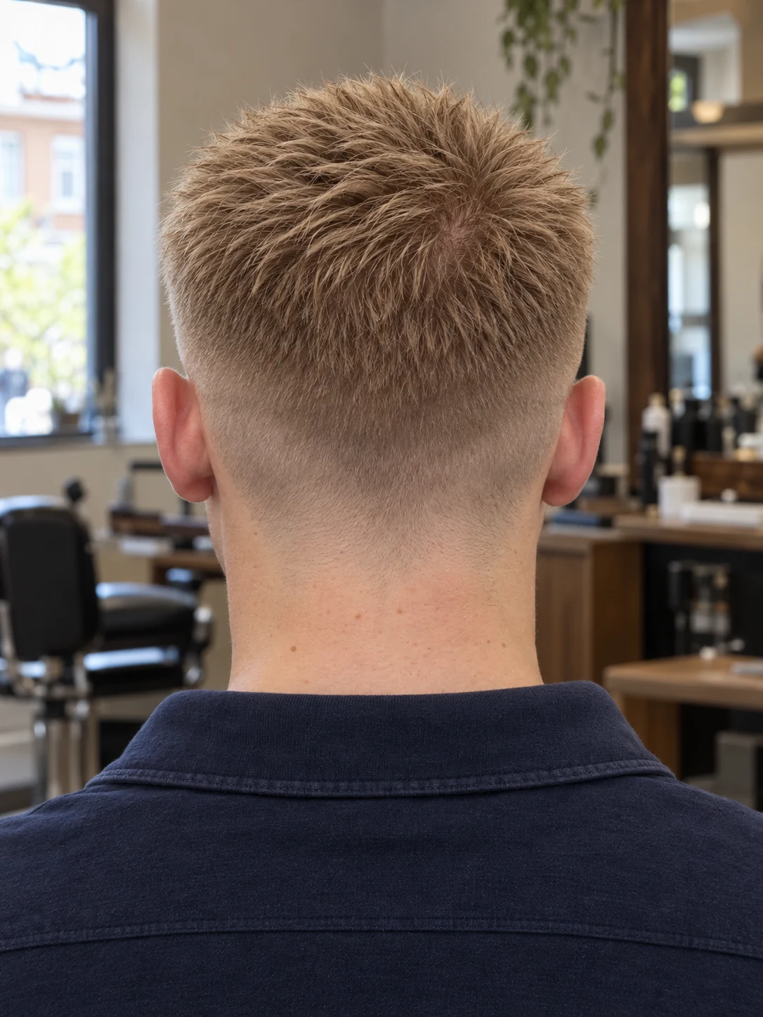 AI haircut concept: mid shadow fade with a soft brush cut, rear view.
