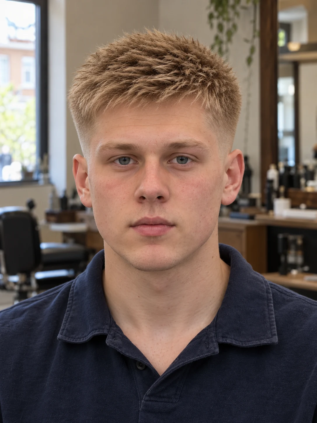 AI haircut concept: mid shadow fade with a soft brush cut, front view.
