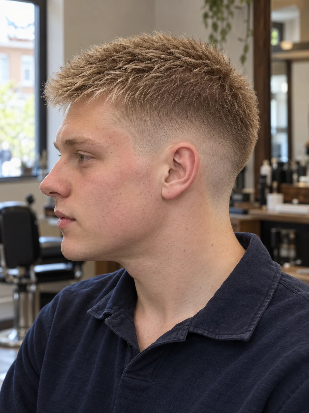 AI haircut concept: mid shadow fade with a soft brush cut, young adult left-side reference.