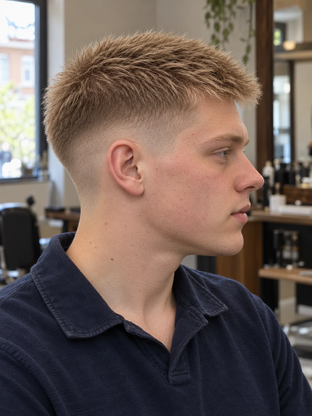 AI haircut concept: mid shadow fade with a soft brush cut, opposite-side view.