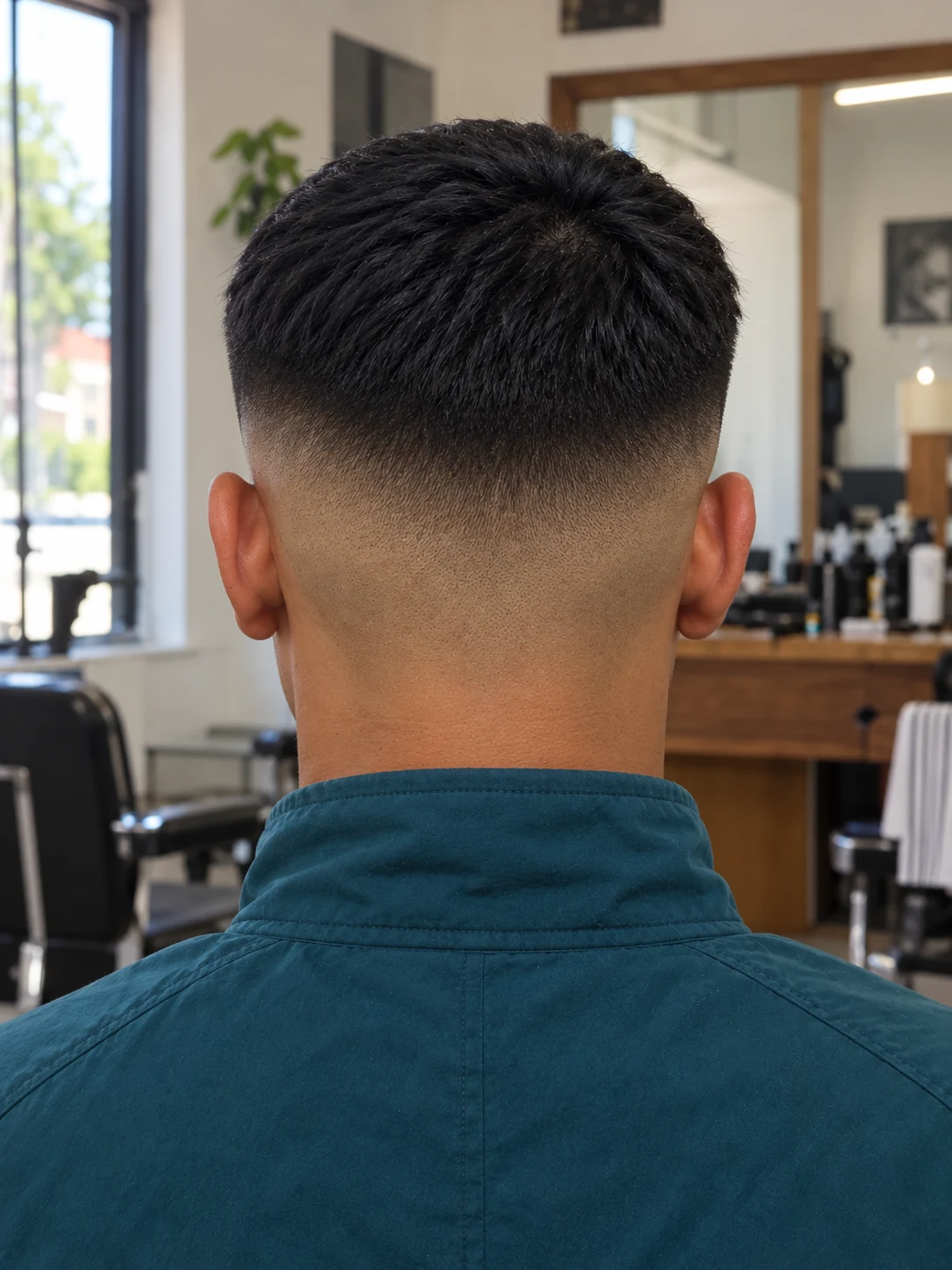 AI haircut concept: high skin fade with a curved caesar fringe, rear view.