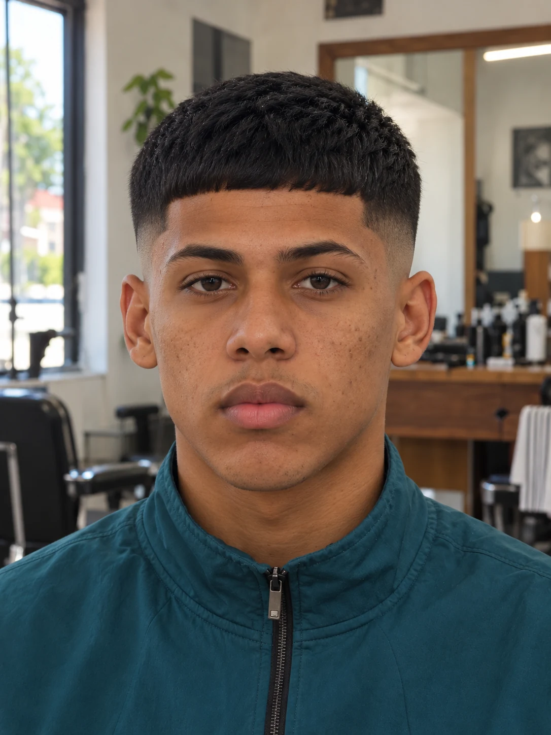 AI haircut concept: high skin fade with a curved caesar fringe, front view.