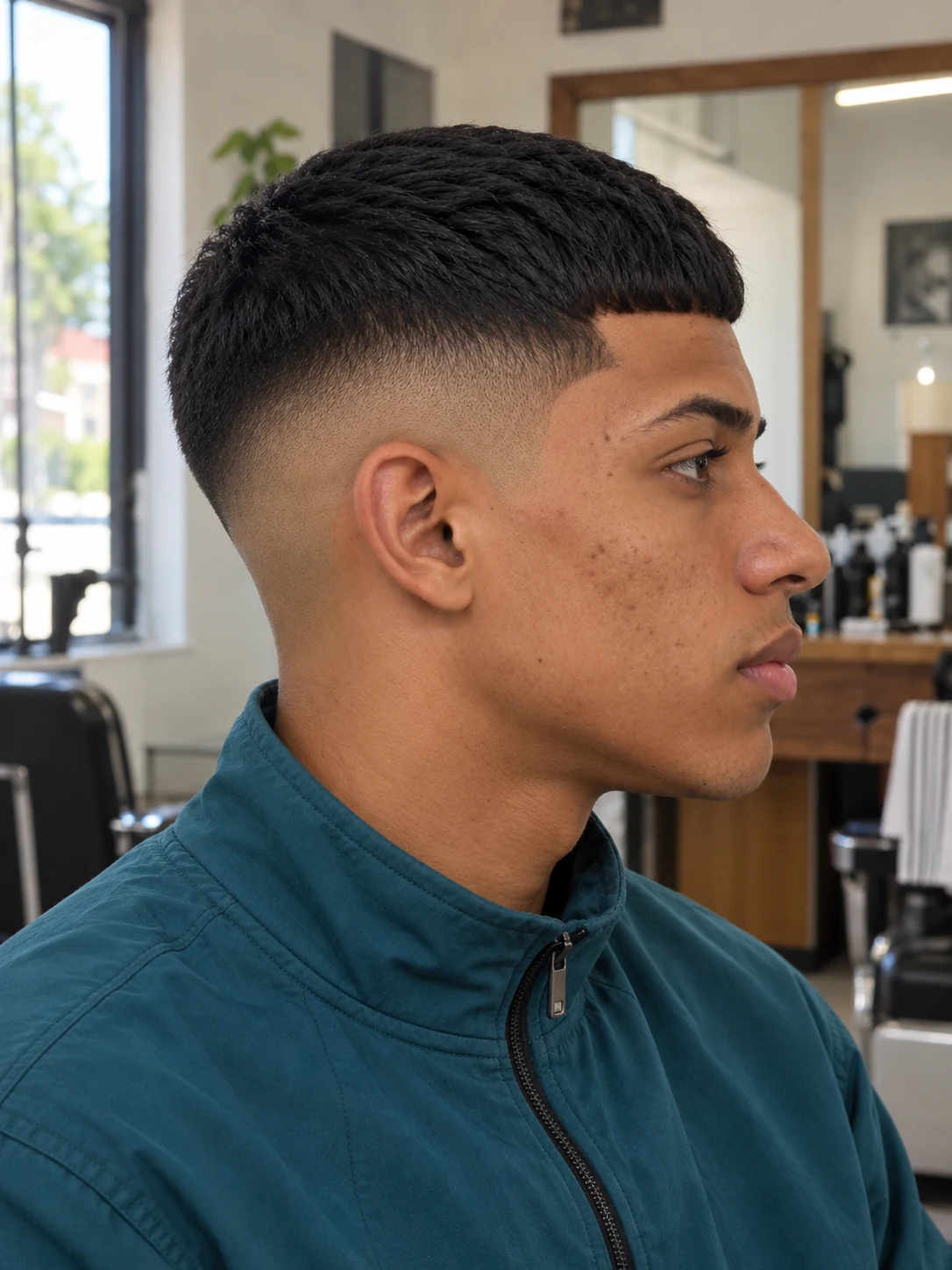 AI haircut concept: high skin fade with a curved caesar fringe, opposite-side view.