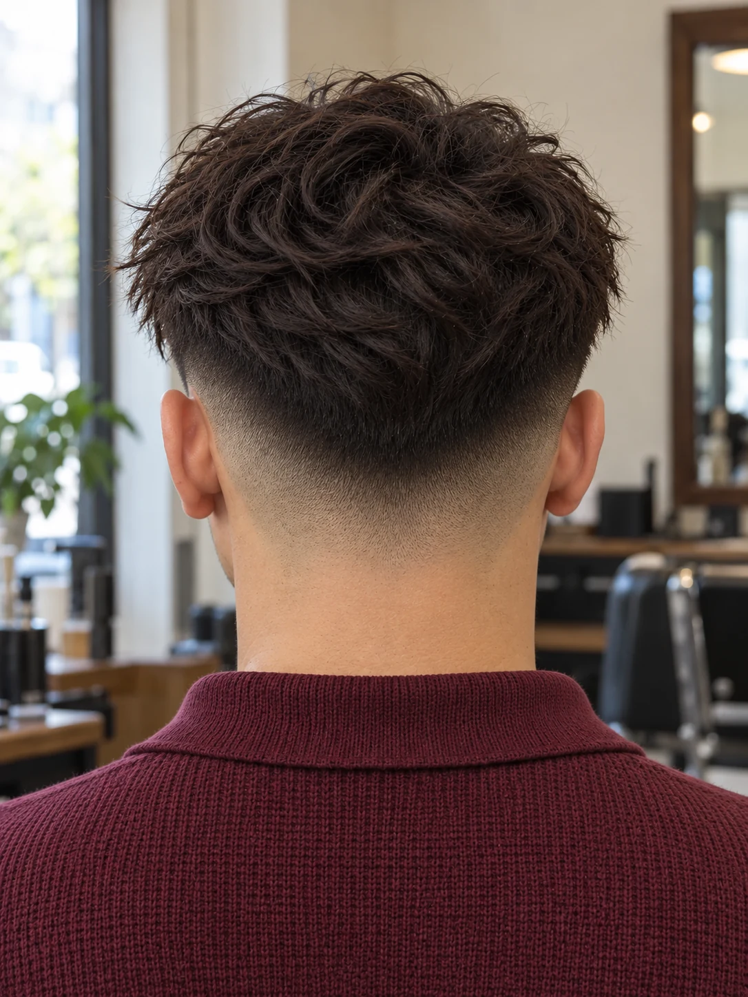 AI haircut concept: low drop fade with a diagonal broken fringe, rear view.