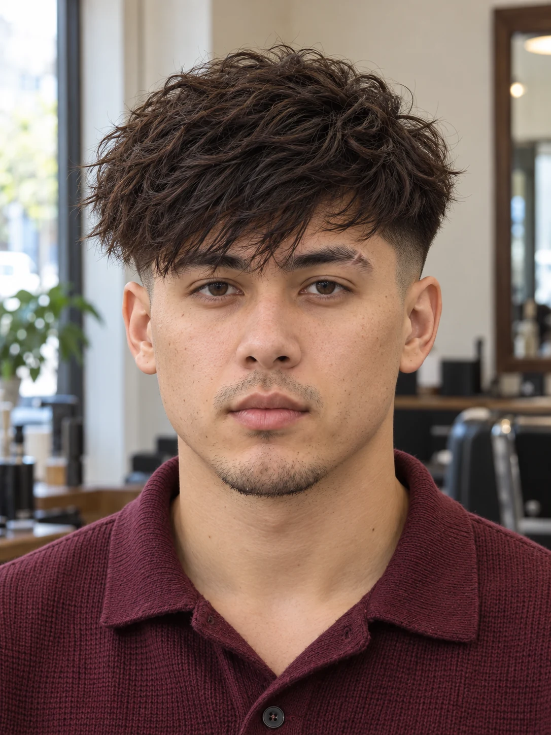 AI haircut concept: low drop fade with a diagonal broken fringe, front view.