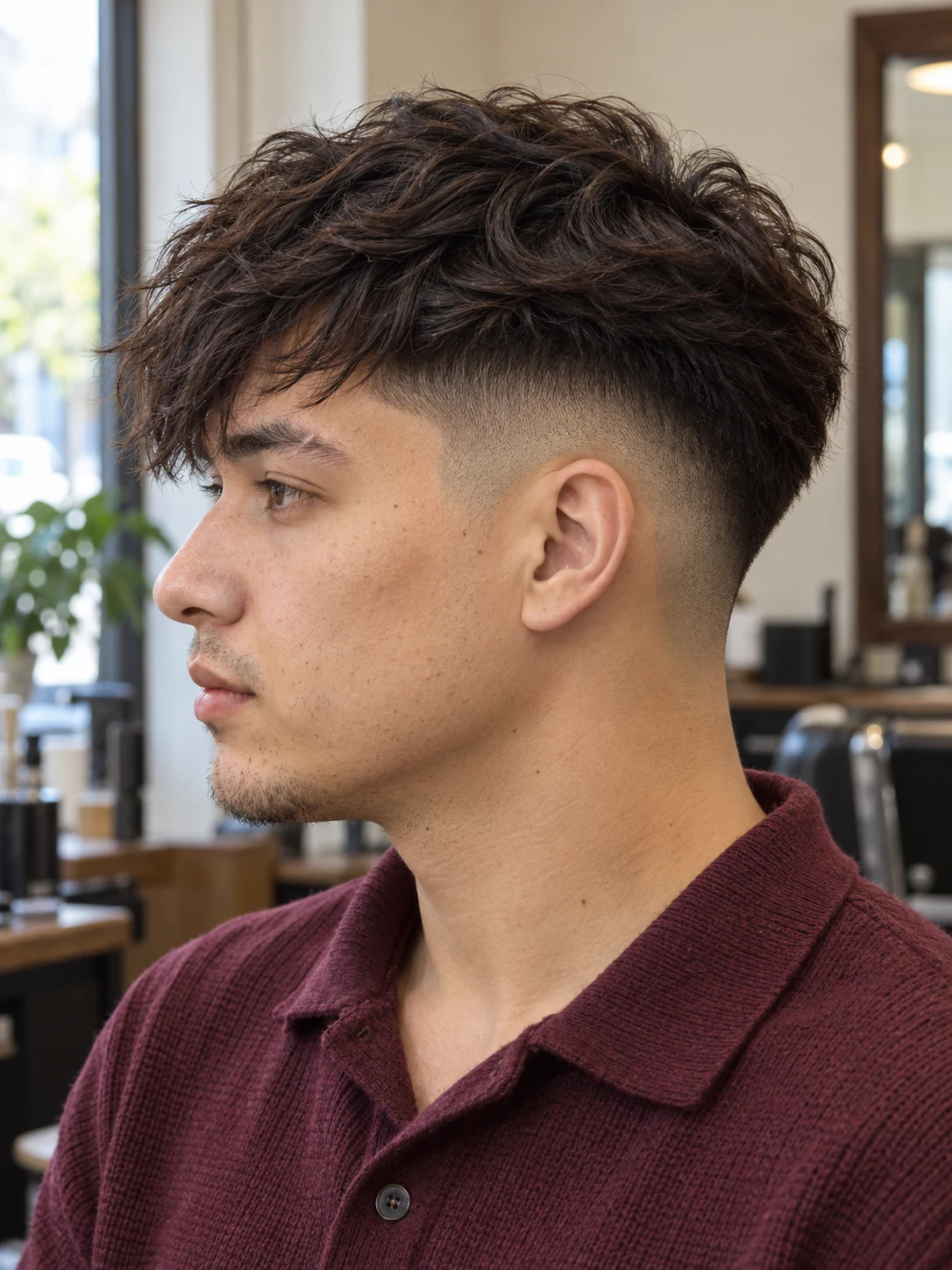 AI haircut concept: low drop fade with a diagonal broken fringe, young adult left-side reference.